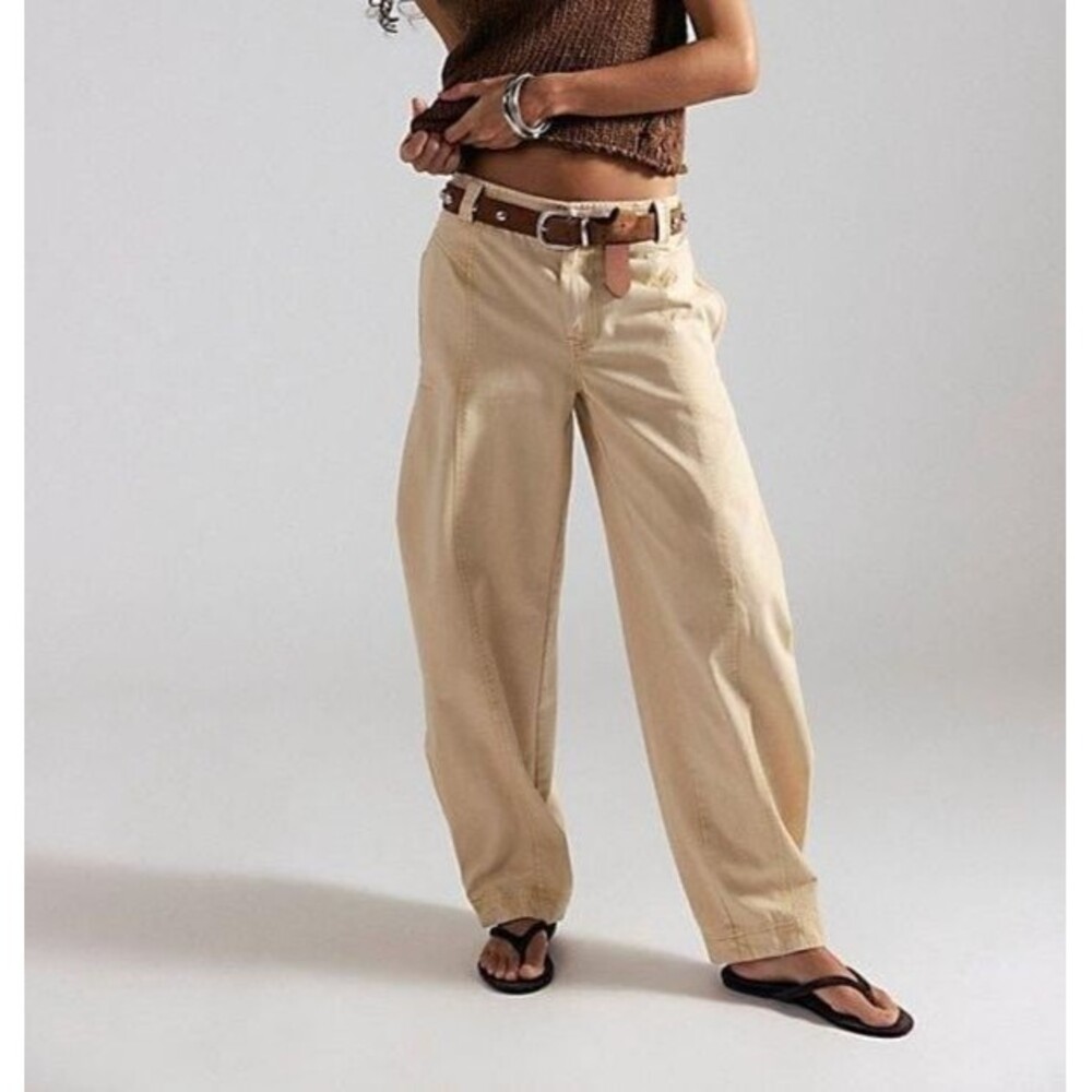 Free People We The Free Hit 'Em High Barrel Trousers Pants Cotton Beige M 291293